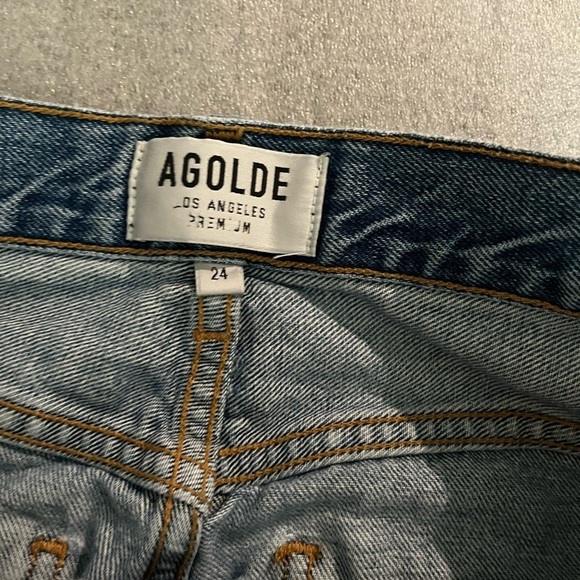 [W24Ins27”]Agolde Feel Good Blue Straight-Leg Button Fly Jeans Distressed Flaw - Picture 3 of 12